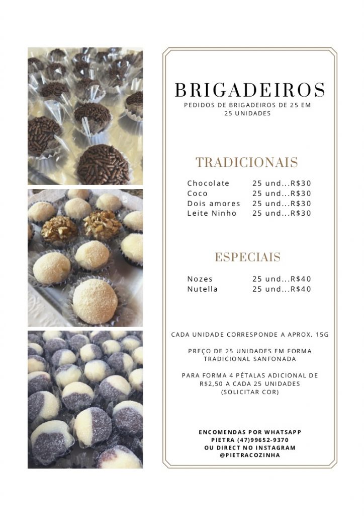 Cardápio brigadeiros pietra cozinha